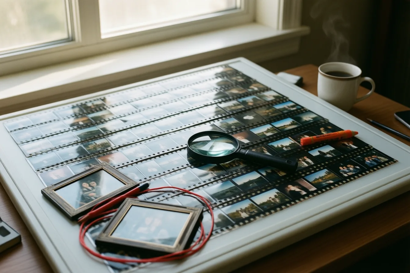 A contact sheet of many small photographs on a light table with a loupe and three frames circled in red grease pencil, a cup of coffee beside it