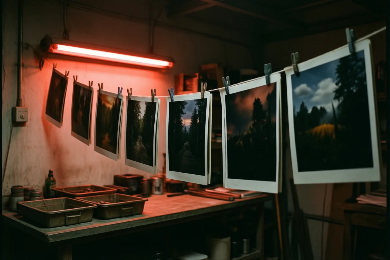 A darkroom with prints drying on a line under a red safelight