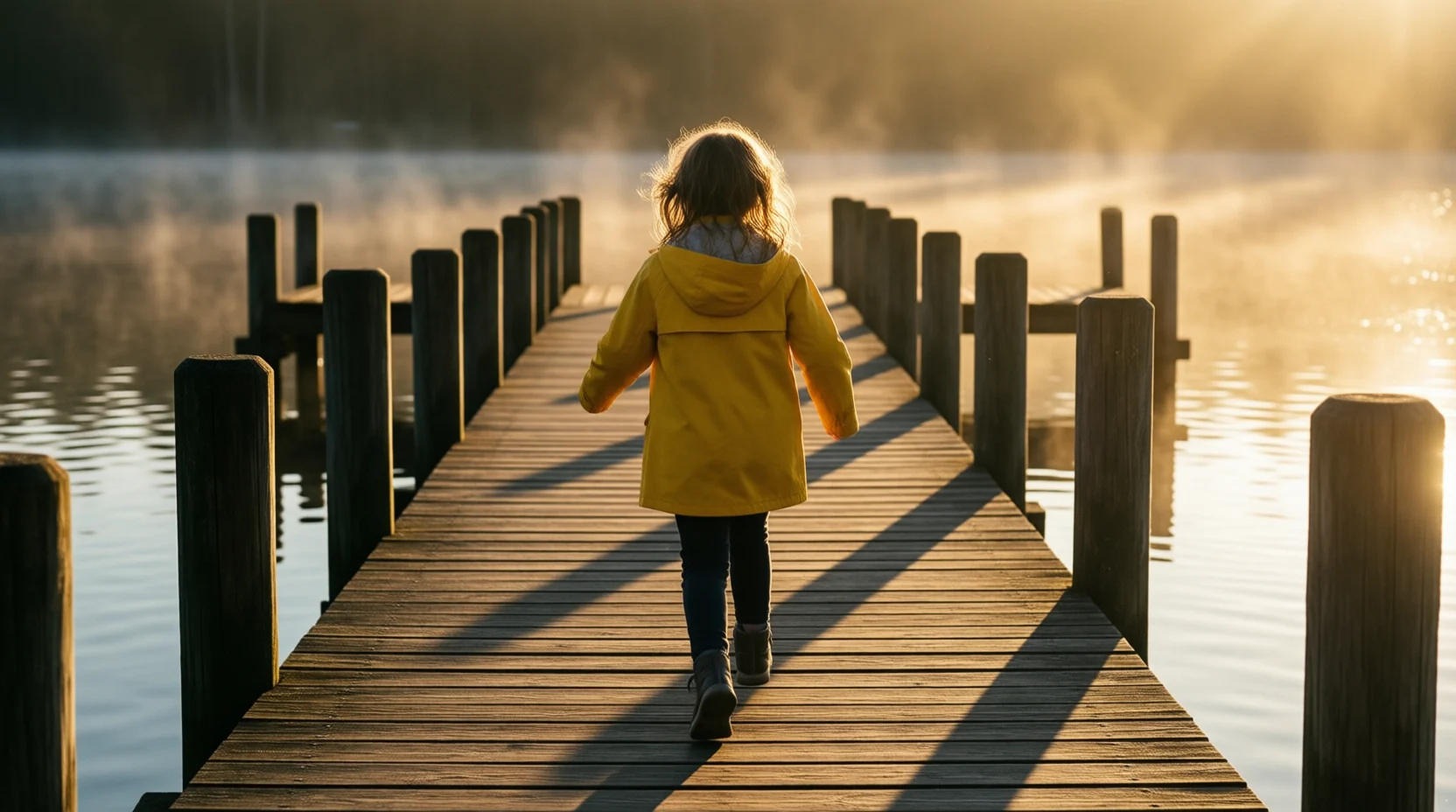 A child in a yellow raincoat running along a misty lake pier at golden hour, seen from behind