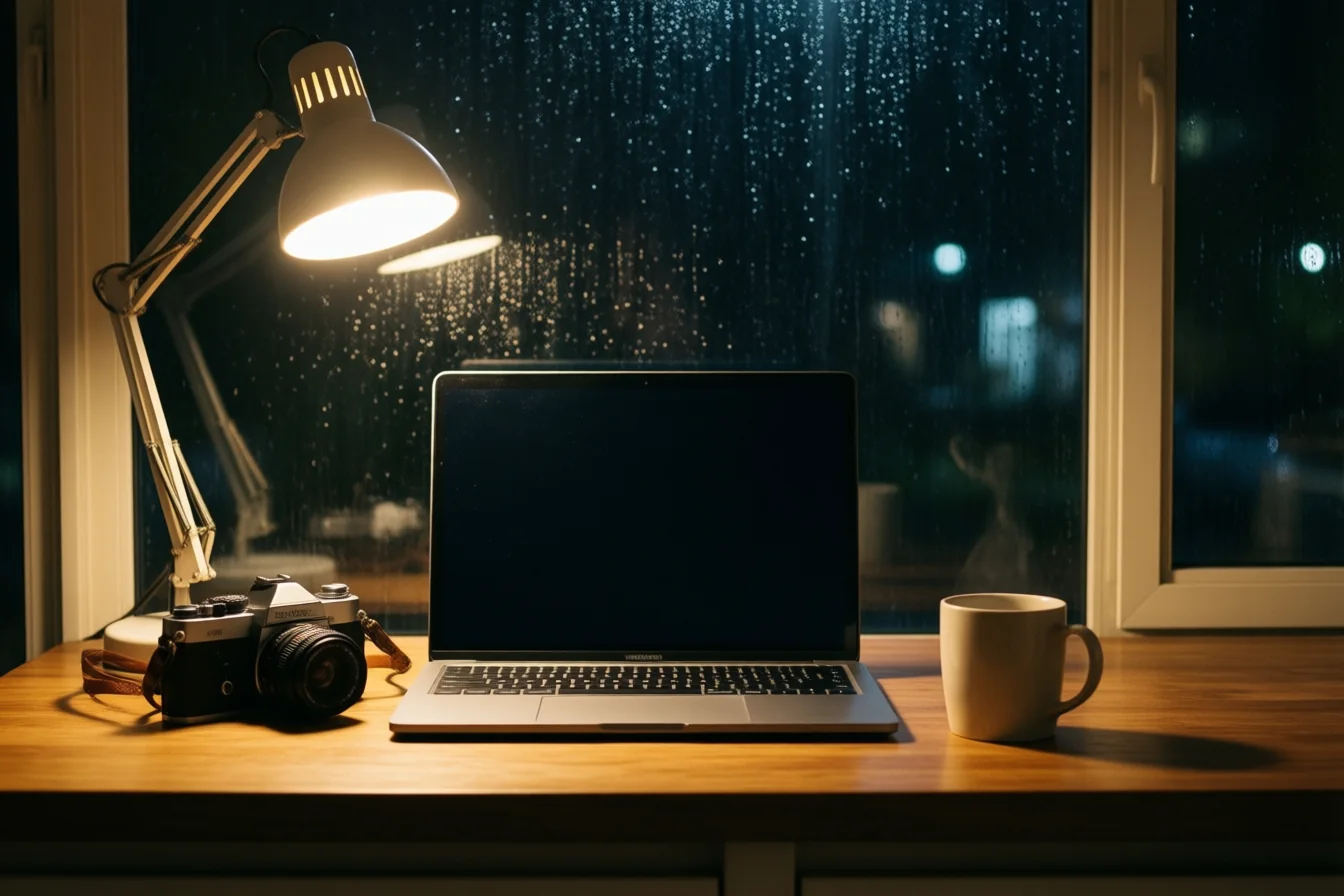 A closed laptop, a film camera and a mug of coffee on a kitchen table at night under one lamp, rain on the window