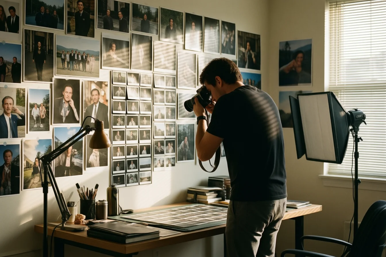 A photographer's studio wall covered in pinned prints and contact sheets, a desk with a loupe and lightbox below
