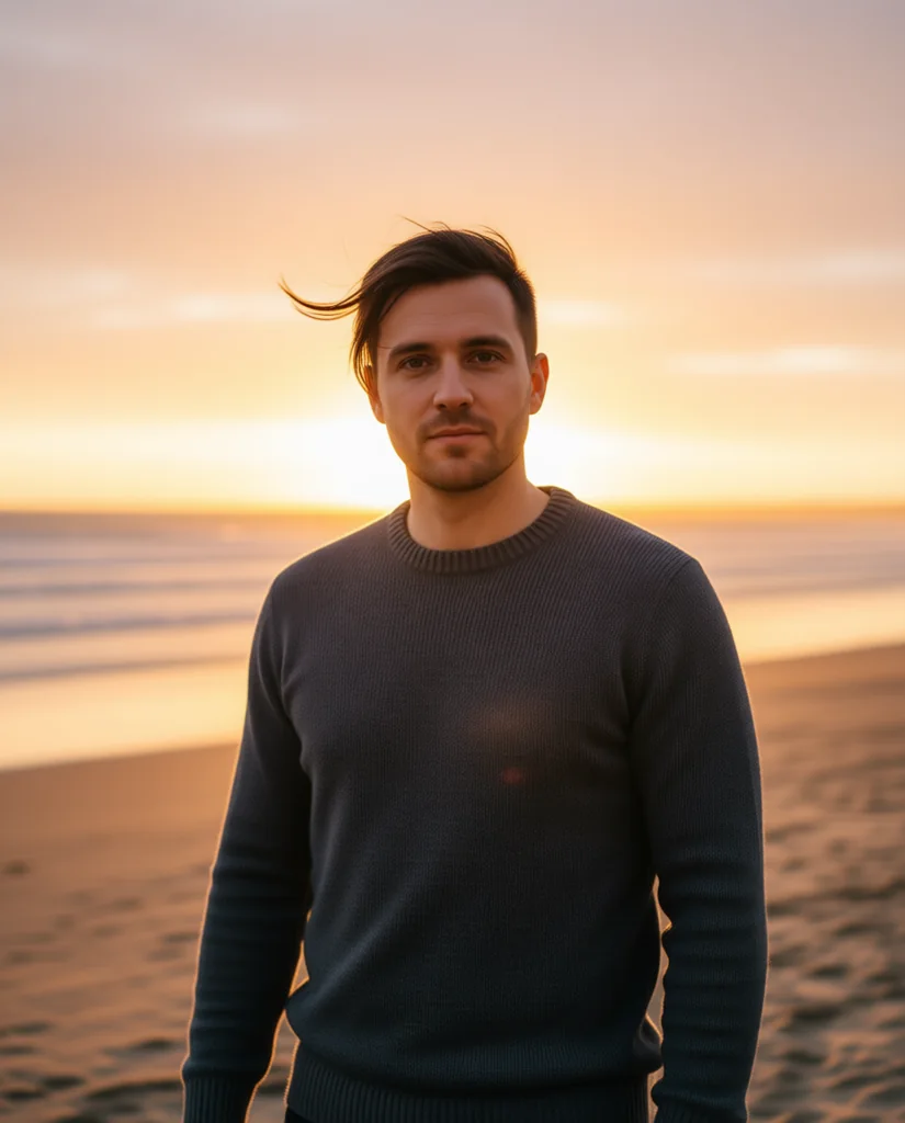The same man standing on a beach at sunset, a photo that was never taken