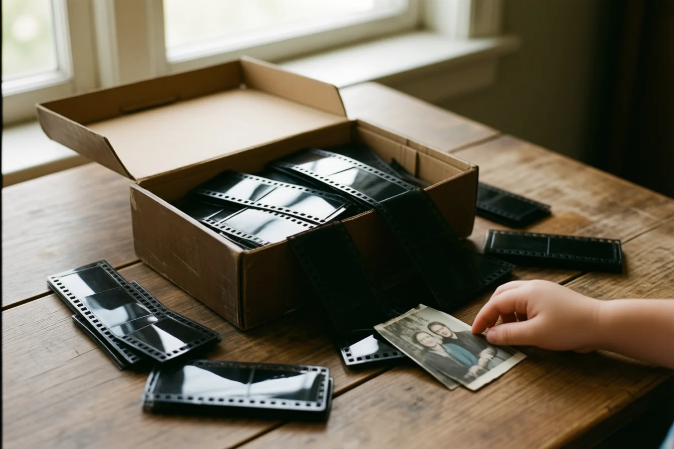 A shoebox of family prints and negative strips spilled across a table, a child's hand reaching for one